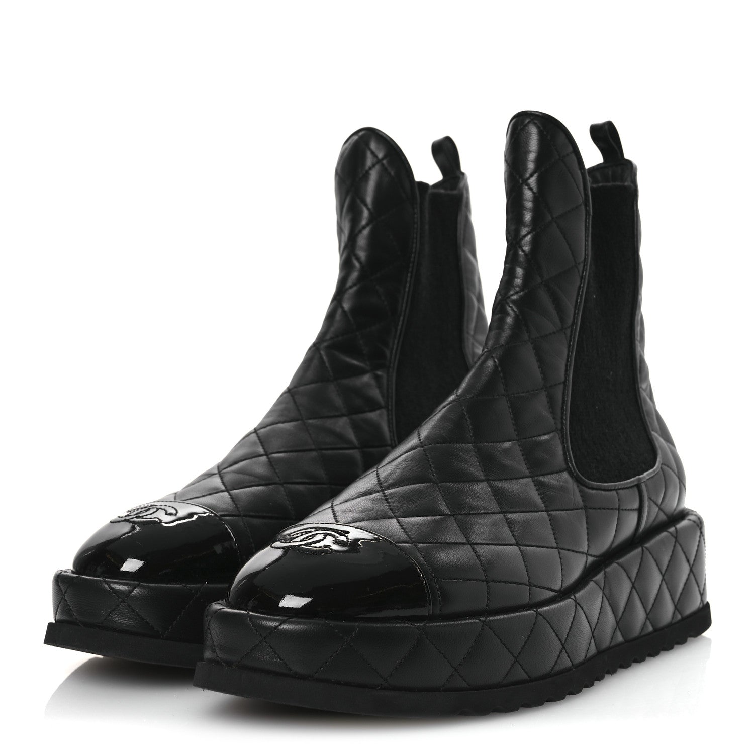 Chanel Lambskin Patent CC Cap Toe Quilted Short Platform Boots 39.5 Black