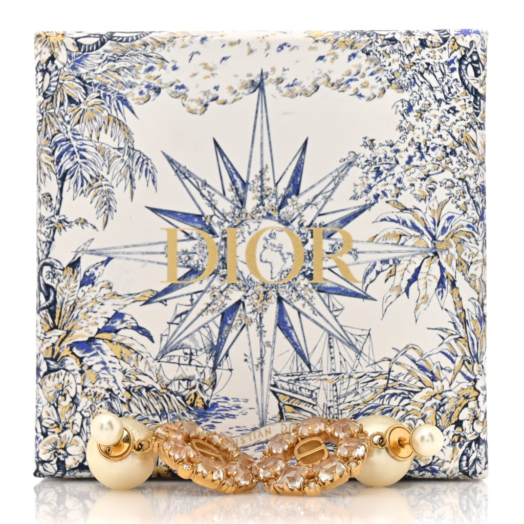 Christian Dior Pearl Crystal Dior Tribales Drop Earrings Gold