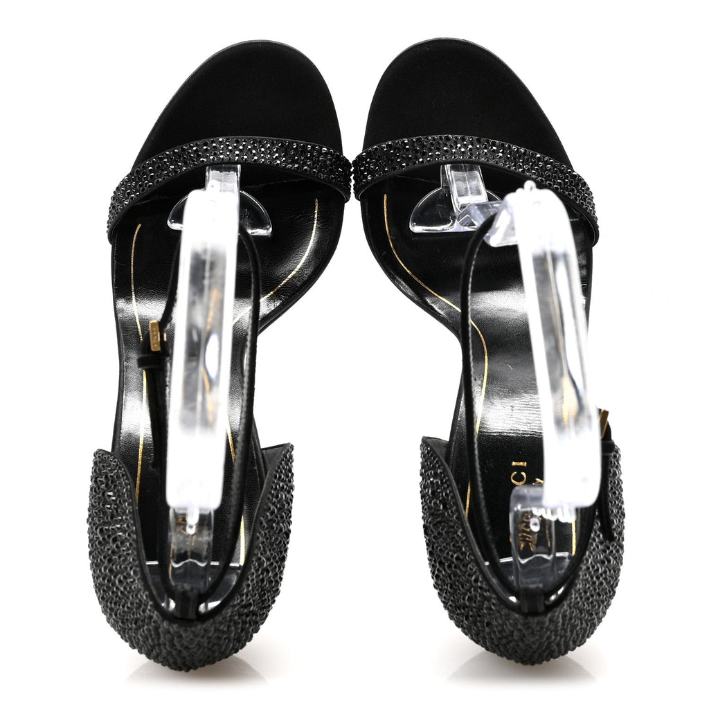 Gucci Suede Satin Crystal Ankle Strap High Heel Sandals 39.5 Black