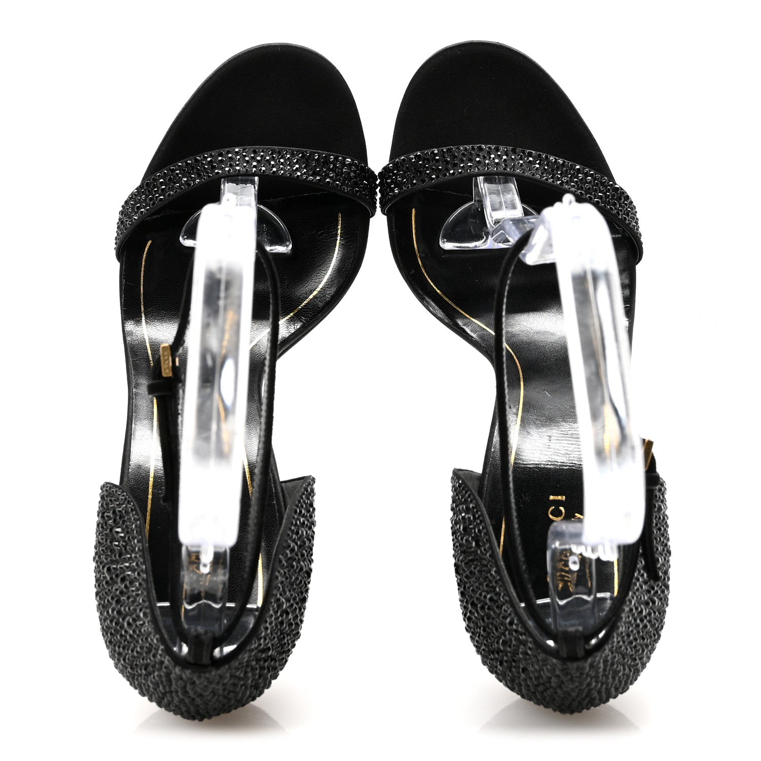 Gucci Suede Satin Crystal Ankle Strap High Heel Sandals 39.5 Black
