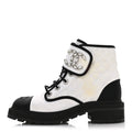 Chanel Fabric Grosgrain Quilted Cap Toe Lace Up Combat Boots 38.5 White Black