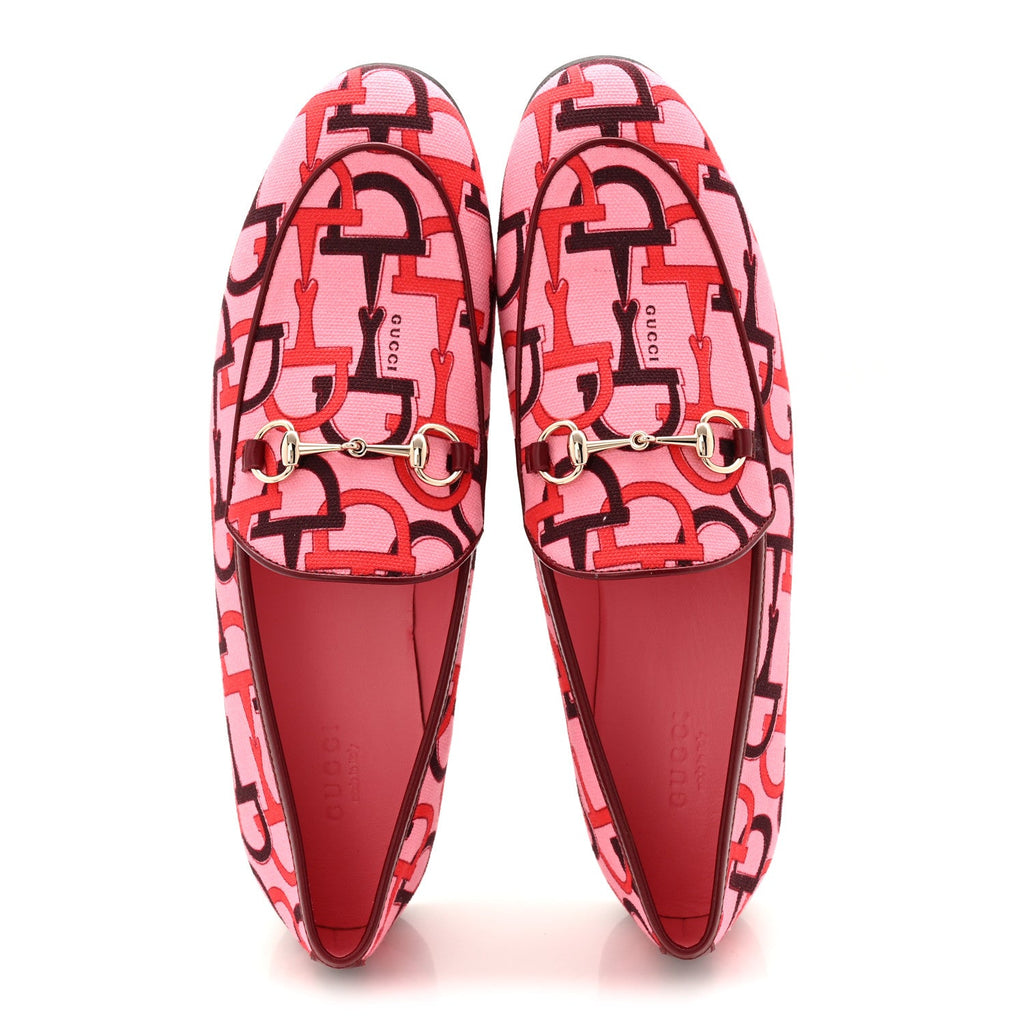Gucci Betis Glamour Canvas Horsebit Print Womens Jordaan Loafers 39.5 Pink Rosso Ancora