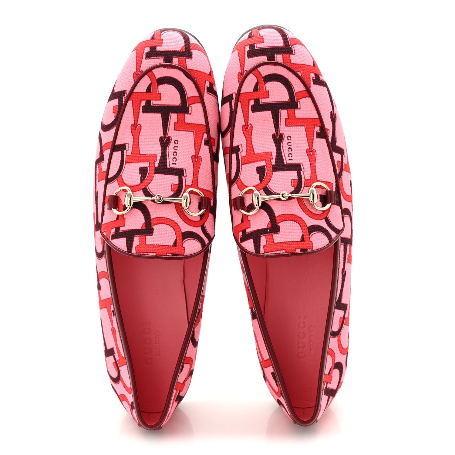 Gucci Betis Glamour Canvas Horsebit Print Womens Jordaan Loafers 39.5 Pink Rosso Ancora