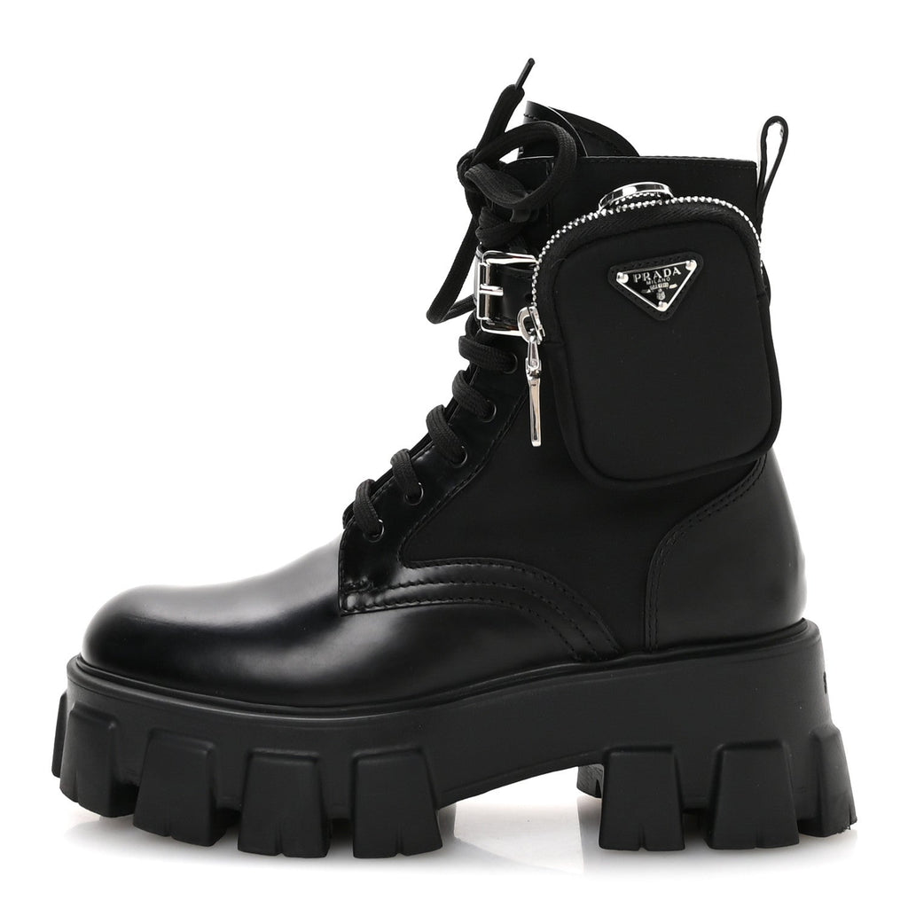 Prada Spazzolato Rois Re-Nylon Metal Triangle Logo Monolith Pouch Pocket 55mm Boots 35.5 Black