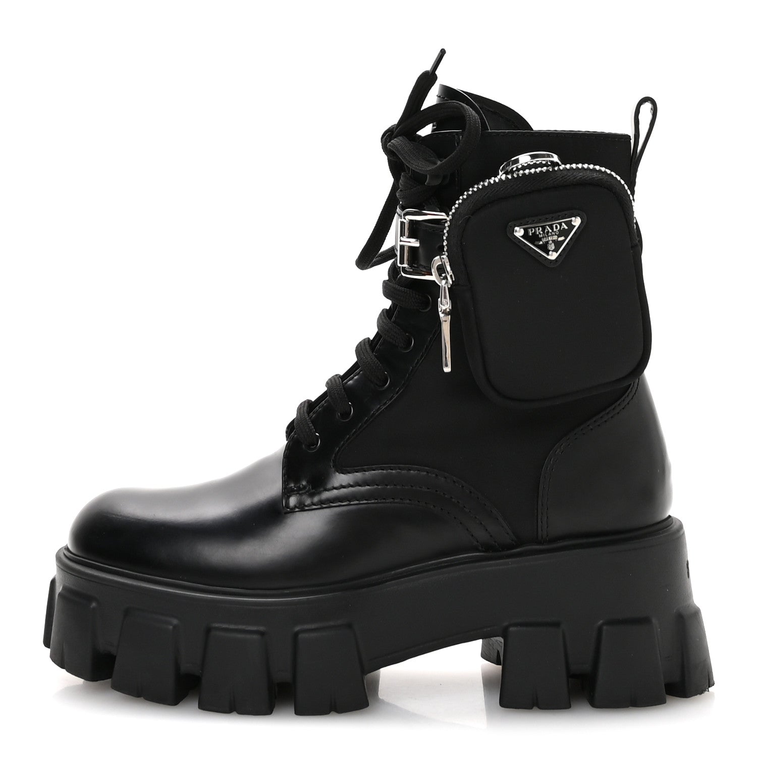 Prada Spazzolato Rois Re-Nylon Metal Triangle Logo Monolith Pouch Pocket 55mm Boots 35.5 Black