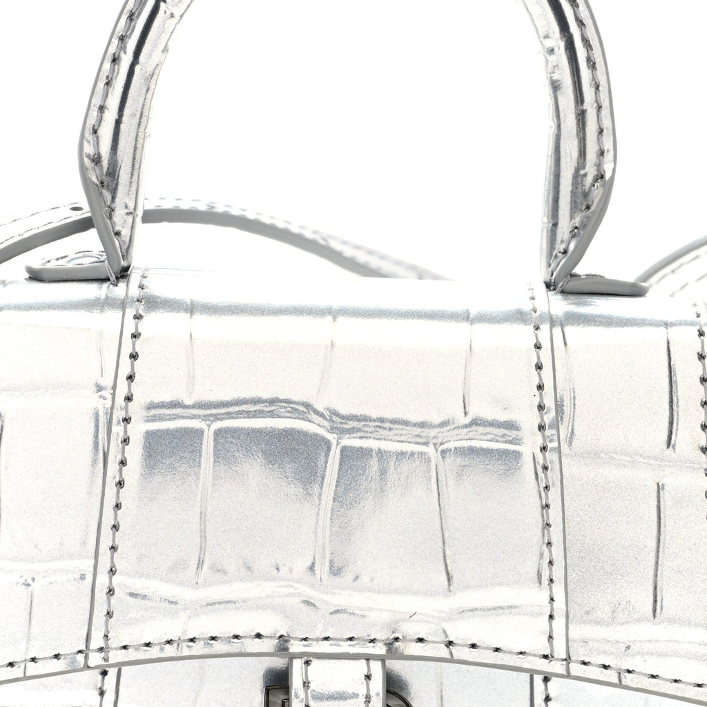 Balenciaga Metallic Calfskin Crocodile Embossed Hourglass Top Handle Bag Mini Silver