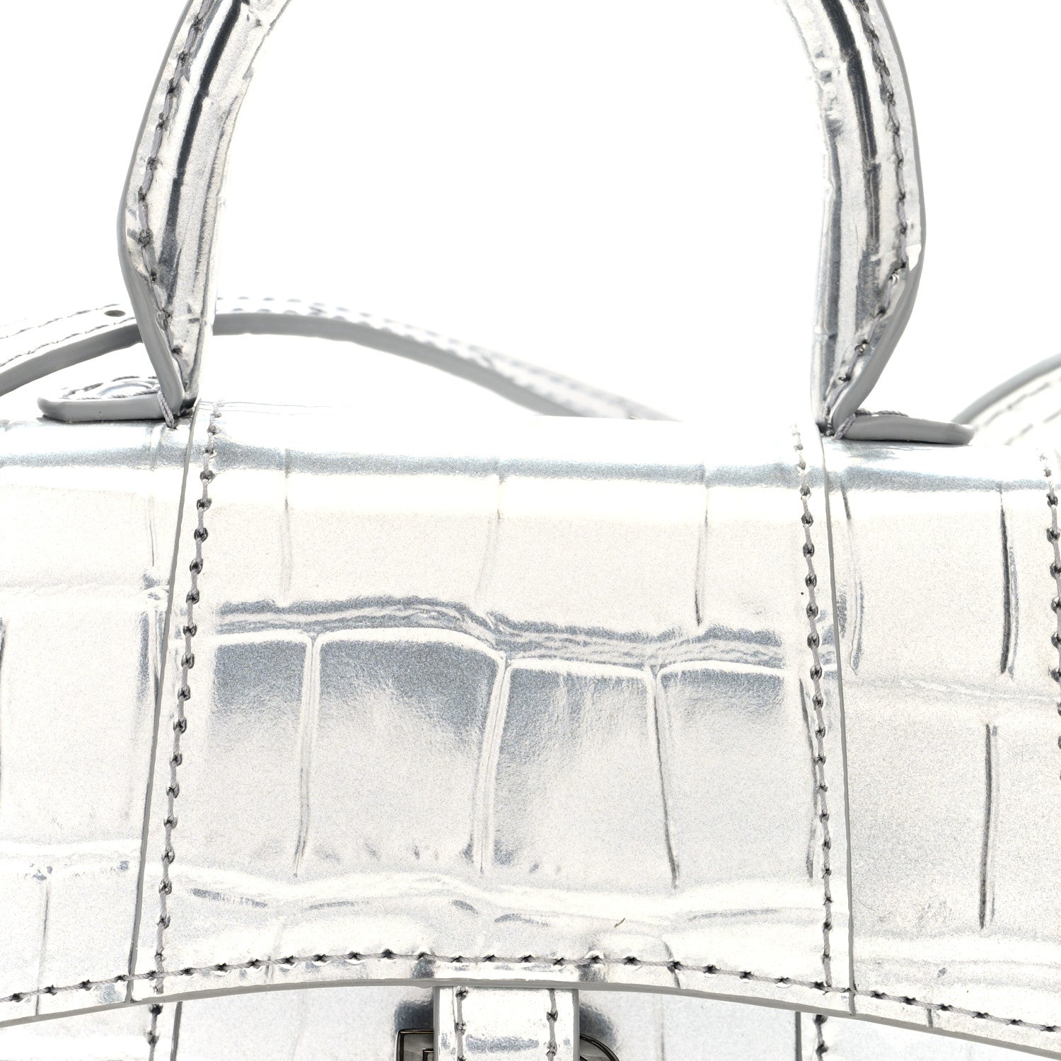 Balenciaga Metallic Calfskin Crocodile Embossed Hourglass Top Handle Bag Mini Silver