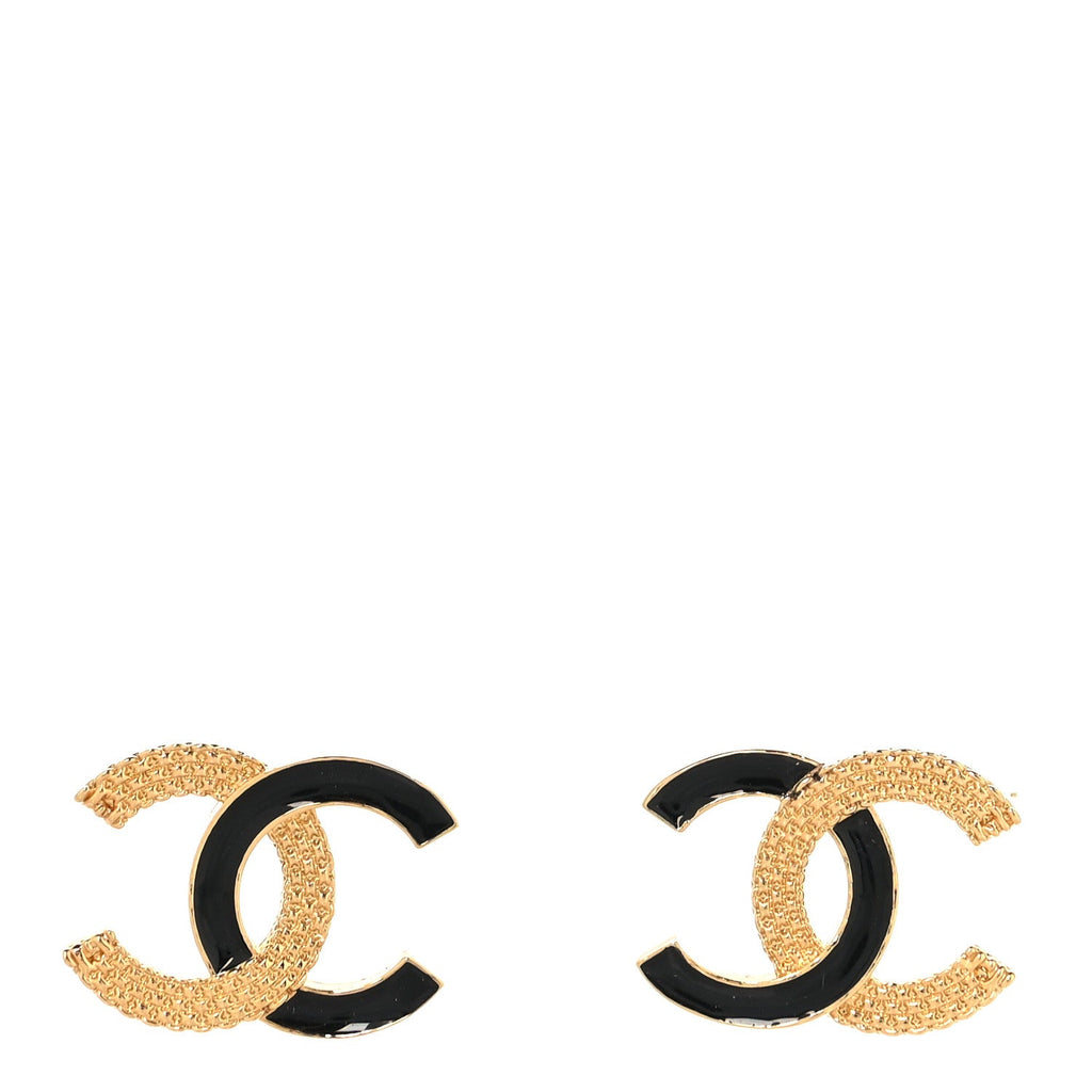 Chanel Enamel CC Textured Earrings Black Gold