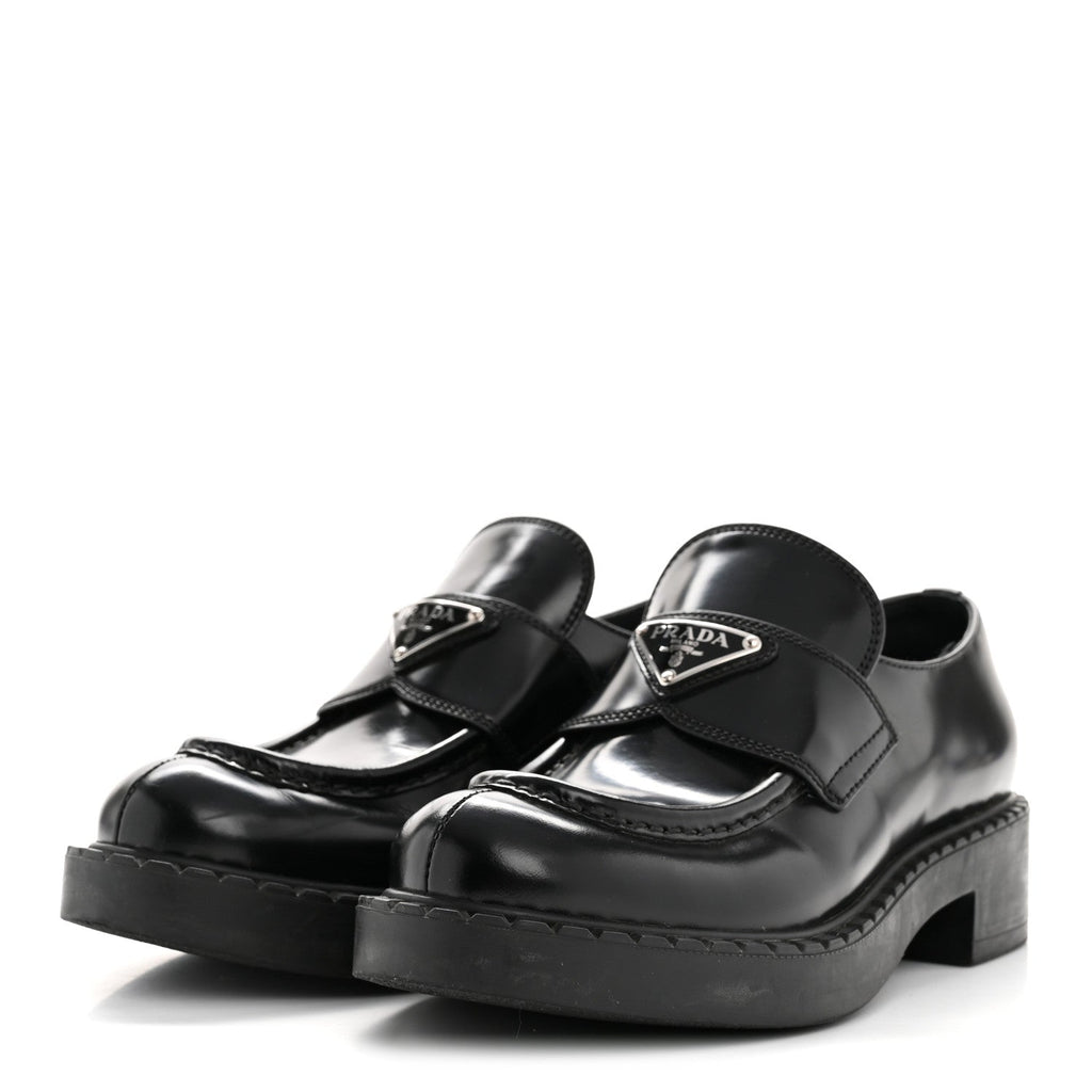 Prada Spazzolato Metal Triangle Logo 50mm Loafers 36.5 Black