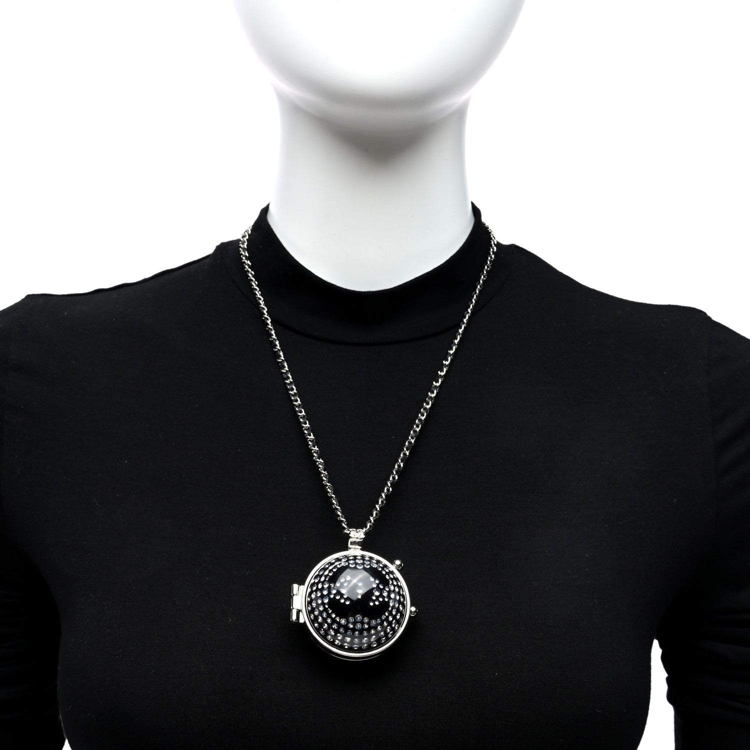 Chanel Resin Crystal Lambskin Ball Mirror Necklace Black Silver