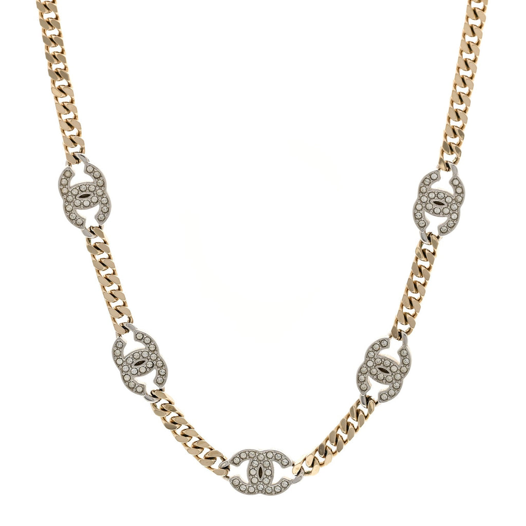 Chanel Crystal Chain CC Necklace Gold Silver