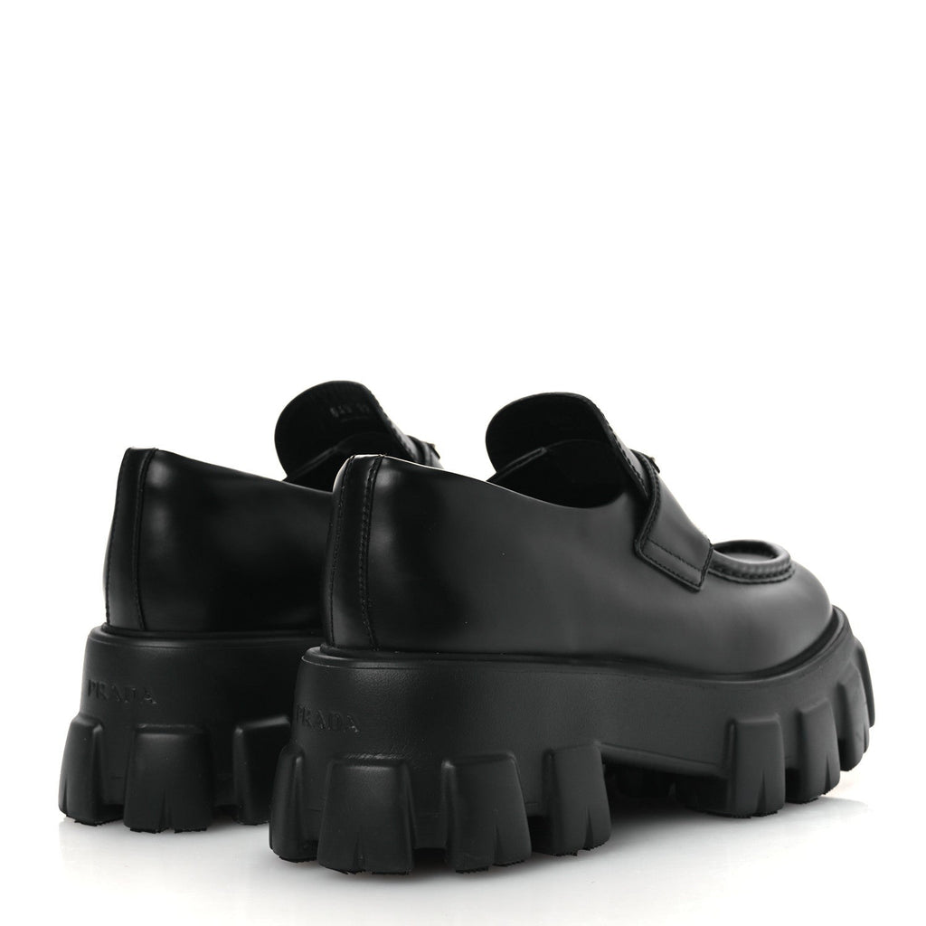 Prada Spazzolato Rois Metal Triangle Logo Monolith 55mm Loafers 39 Black