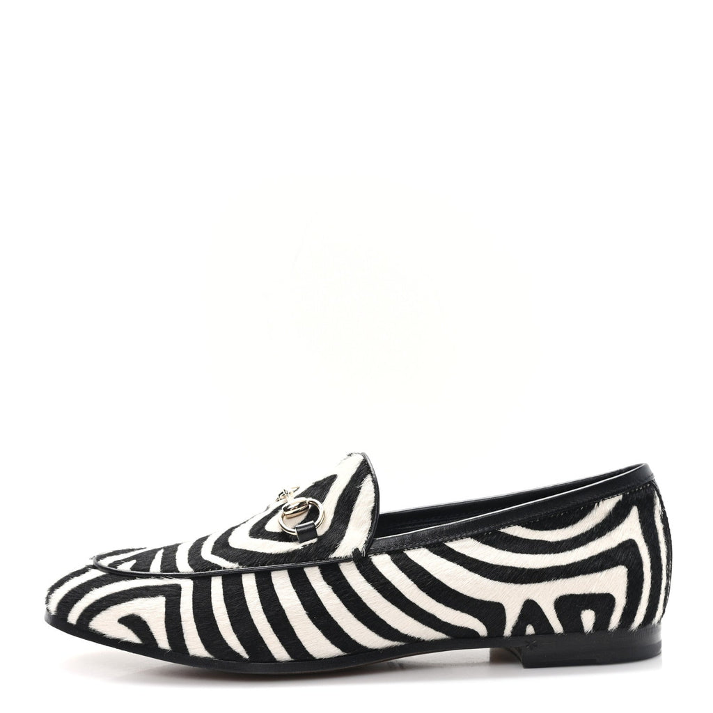 Gucci Pony Hair Zebra Print Womens Horsebit Moccasin Loafers 37.5 Black White