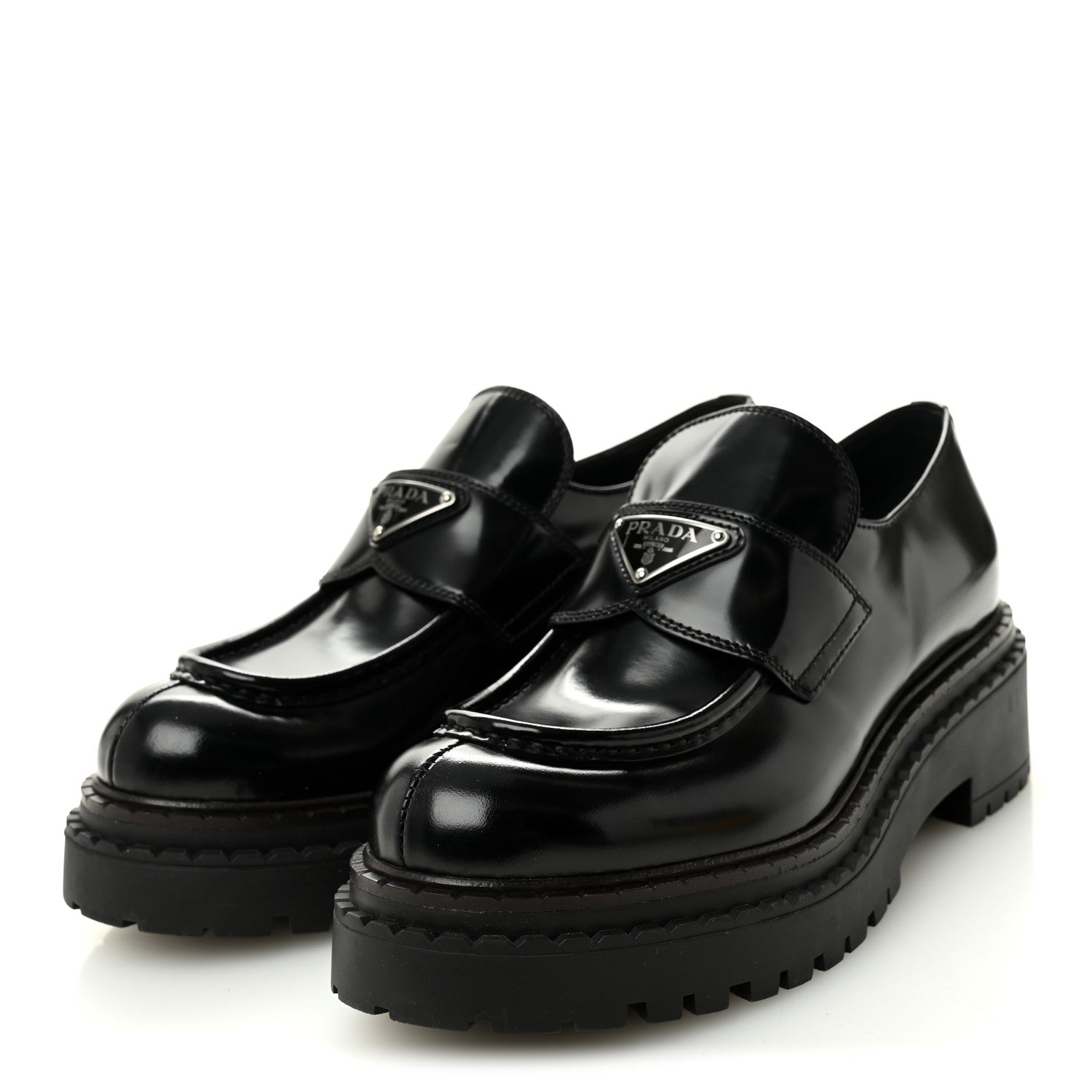 Prada Spazzolato Metal Triangle Logo 50mm Loafers 39 Black