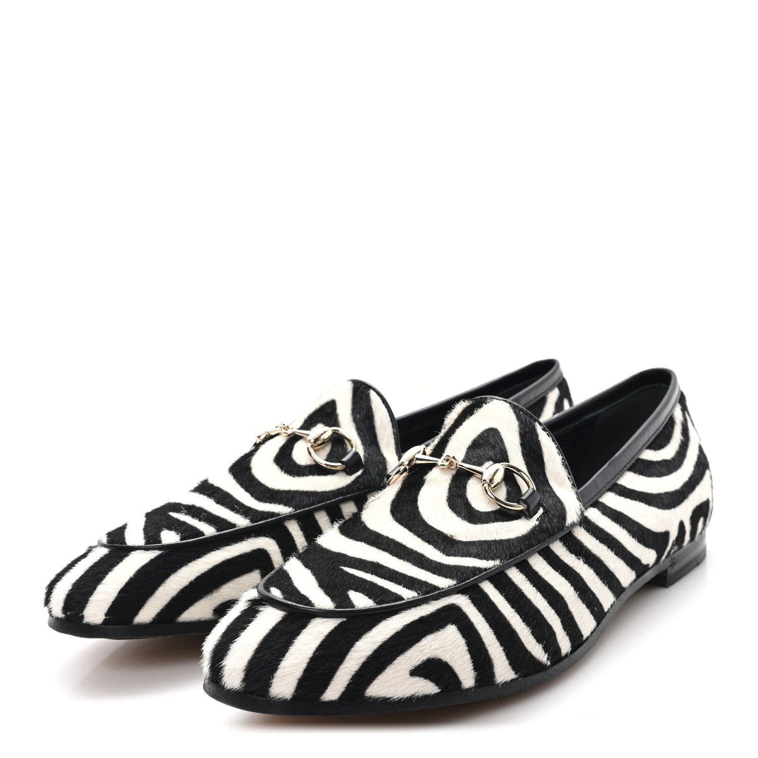 Gucci Pony Hair Zebra Print Womens Horsebit Moccasin Loafers 37.5 Black White
