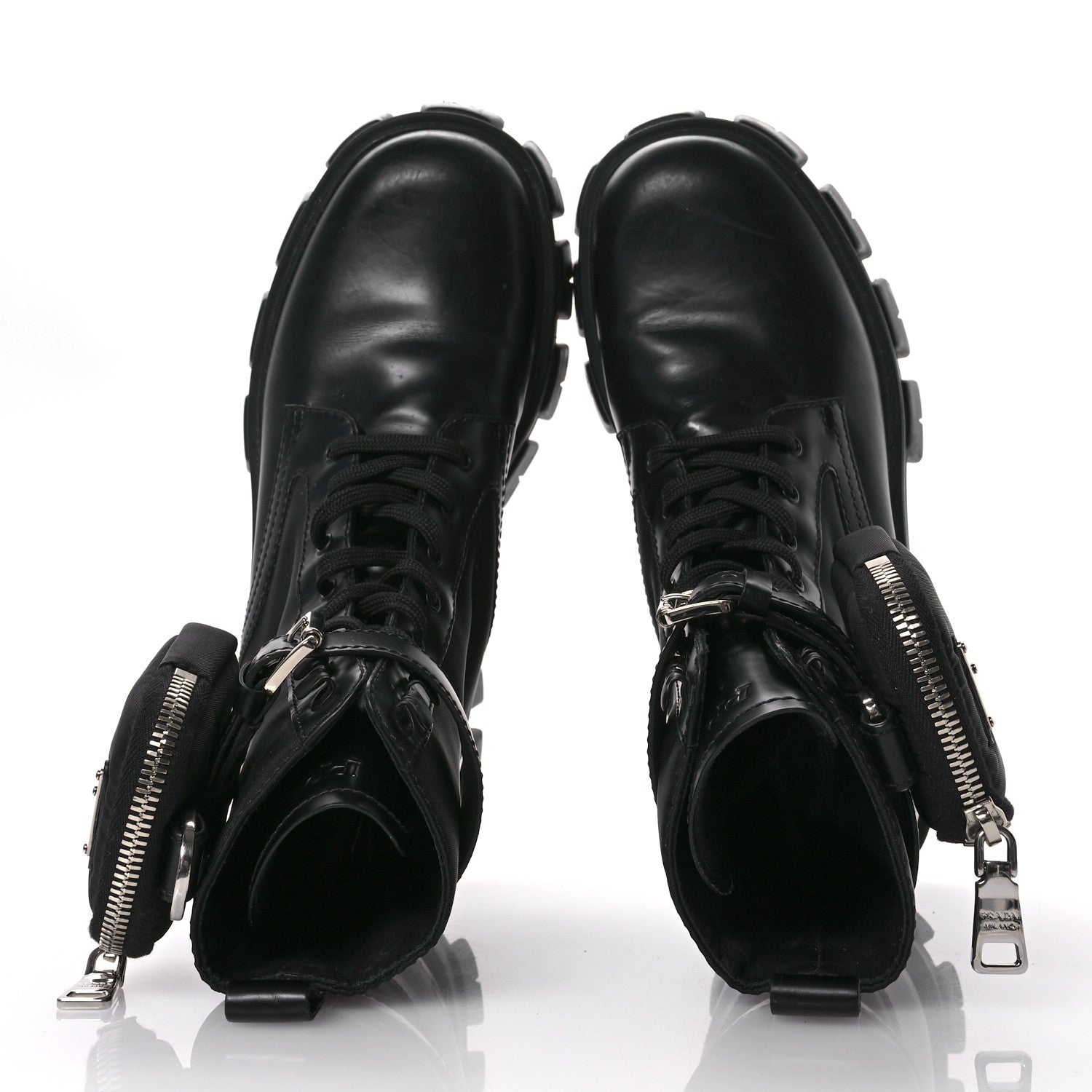 Prada Spazzolato Rois Nylon Metal Triangle Logo Monolith Pouch Pocket 55mm Boots 38.5 Black