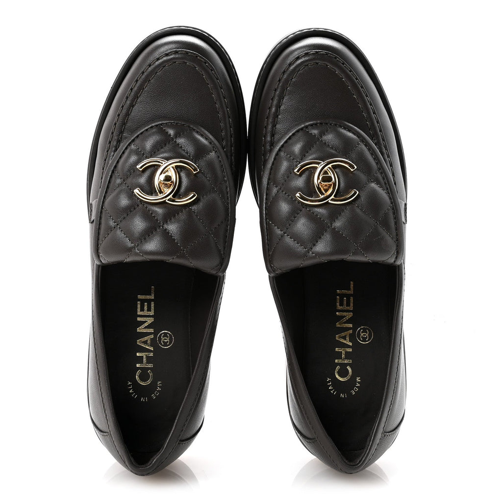 Chanel Lambskin Quilted CC Turnlock Loafers 36 Dark Brown