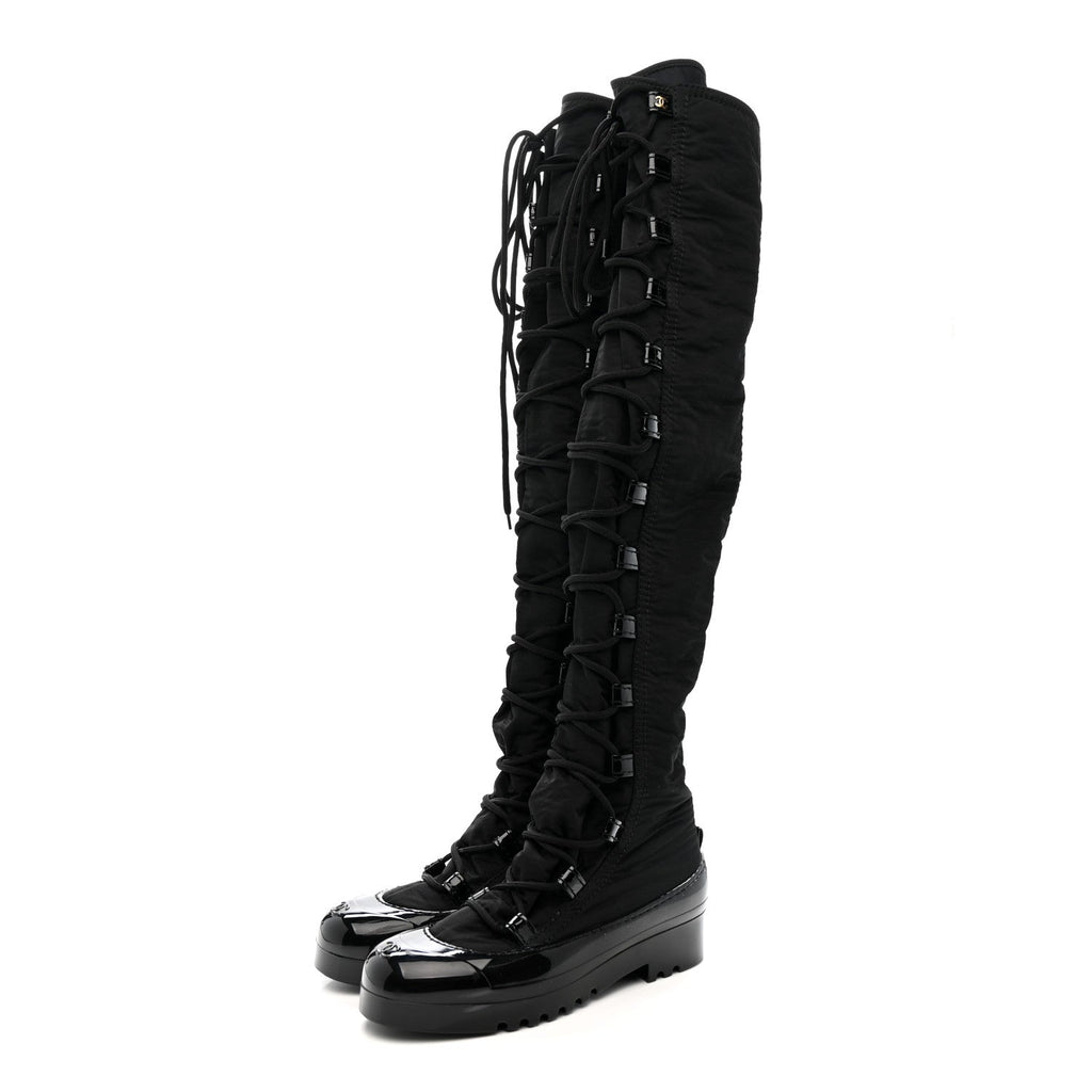 Chanel Nylon Rubber CC Lace Up Thigh High Boots 40 Black
