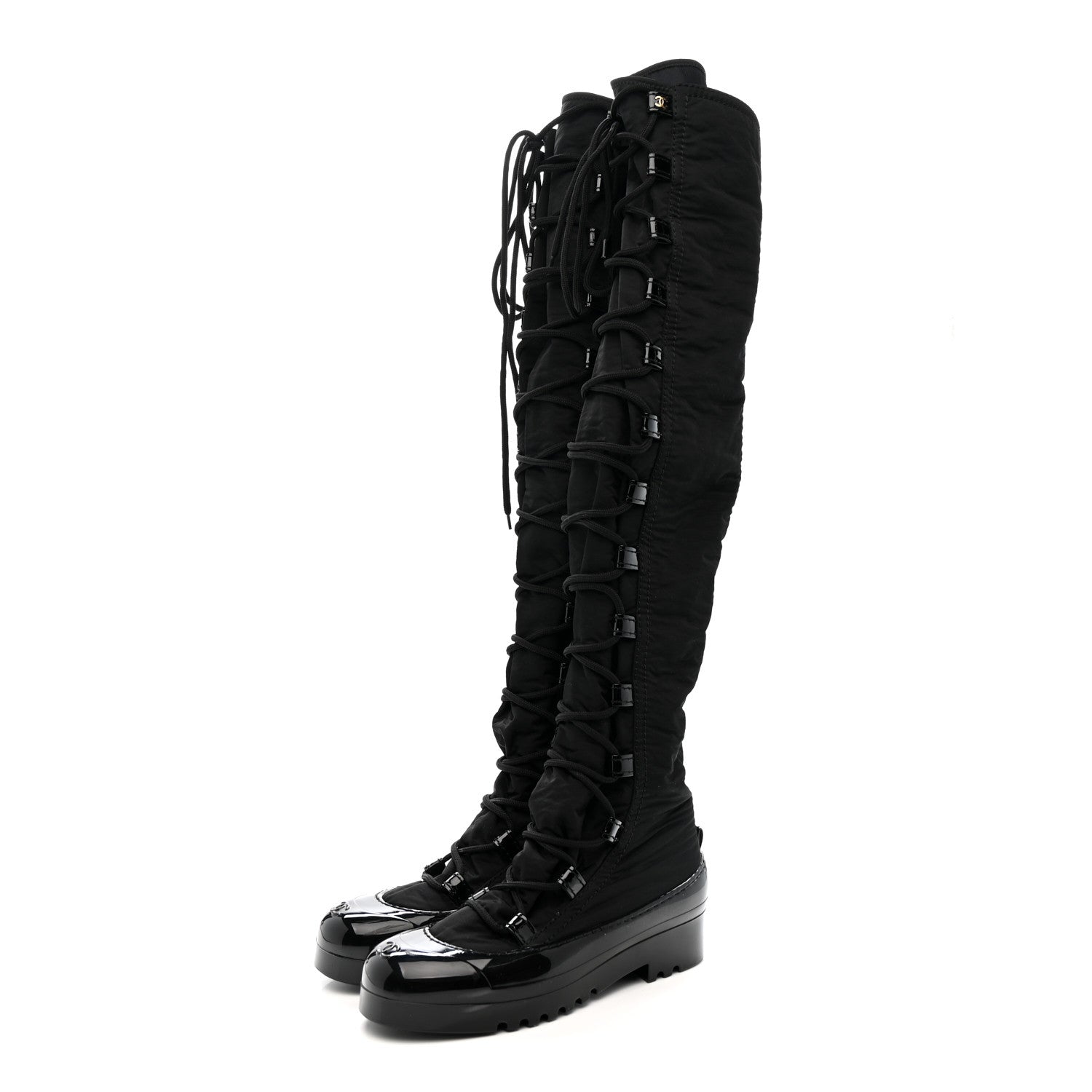 Chanel Nylon Rubber CC Lace Up Thigh High Boots 40 Black