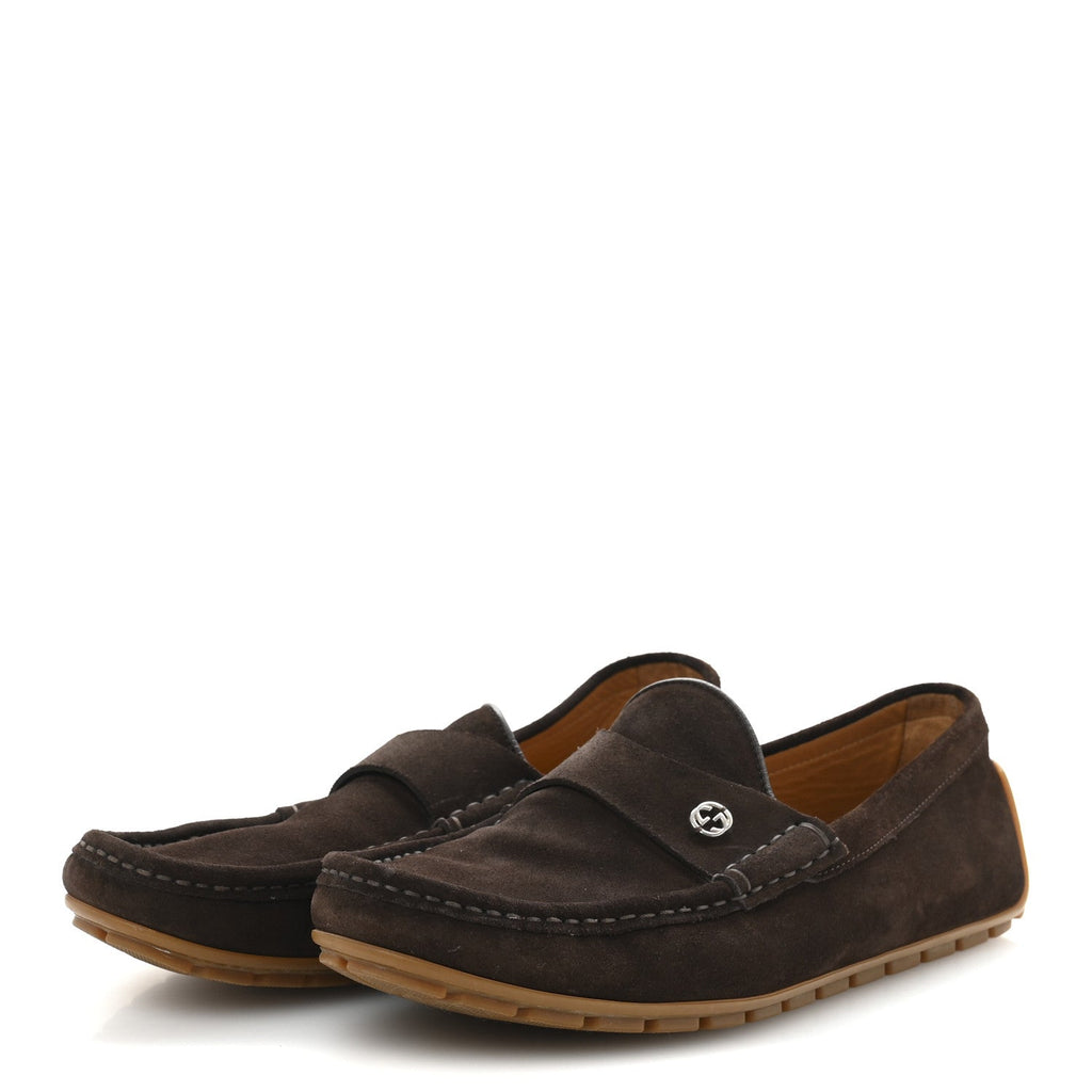 Gucci Suede Mens InterLocking G Driver Loafers 8 Cocoa