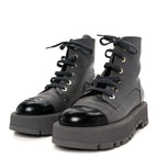 Chanel Grained Calfskin Shiny Calfskin CC Lace Up Combat Boots 41 Gray Black
