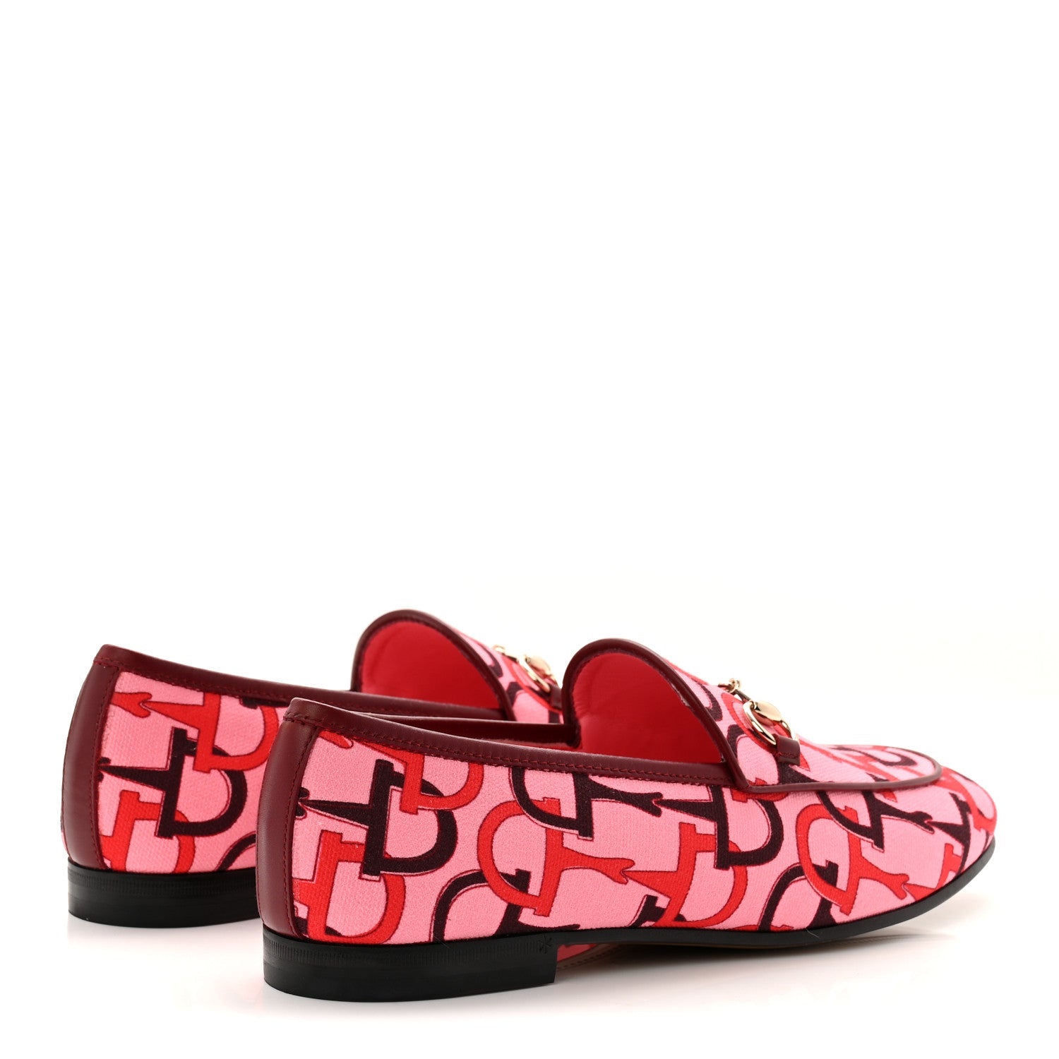 Gucci Betis Glamour Canvas Horsebit Print Womens Jordaan Loafers 39.5 Pink Rosso Ancora