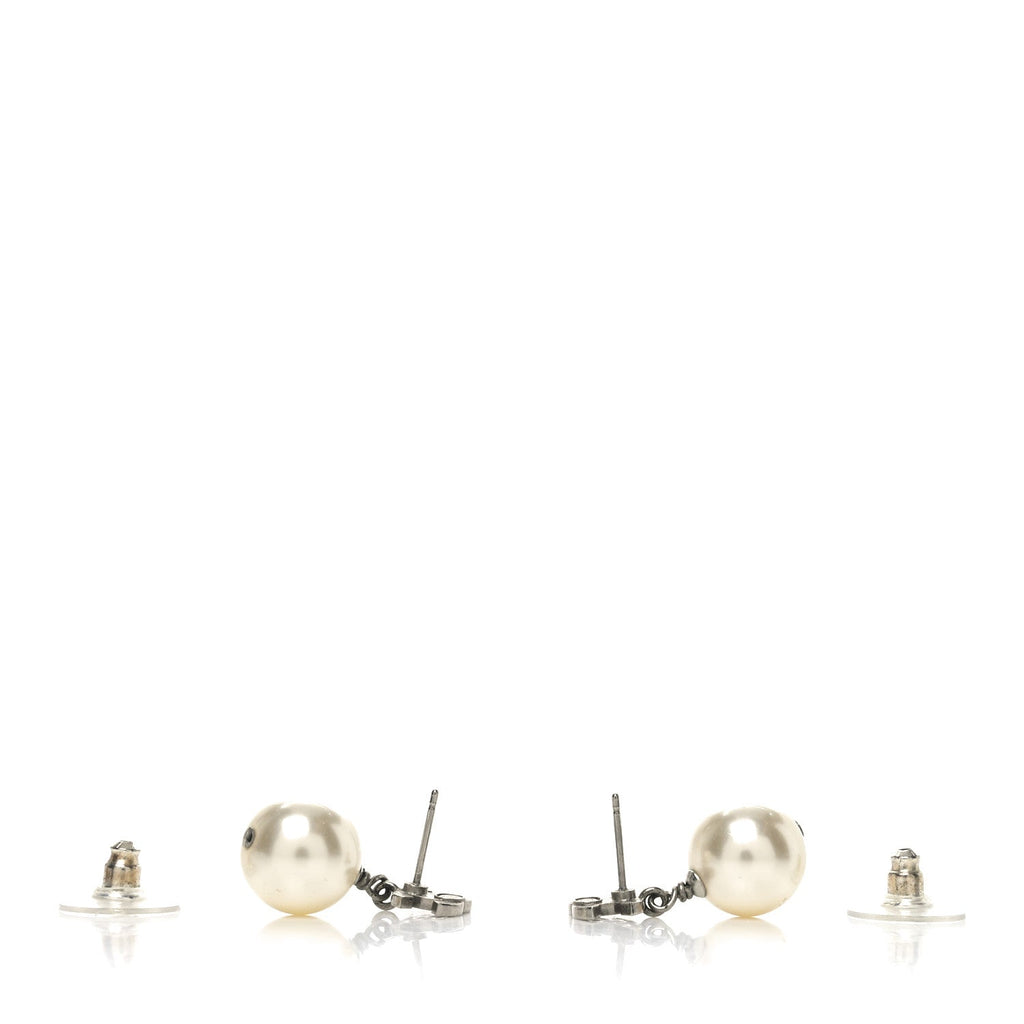 Chanel Crystal Pearl CC Drop Earrings Silver