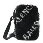 Balenciaga Faux Fur Diagonal Logo Explorer Crossbody Pouch  Black White