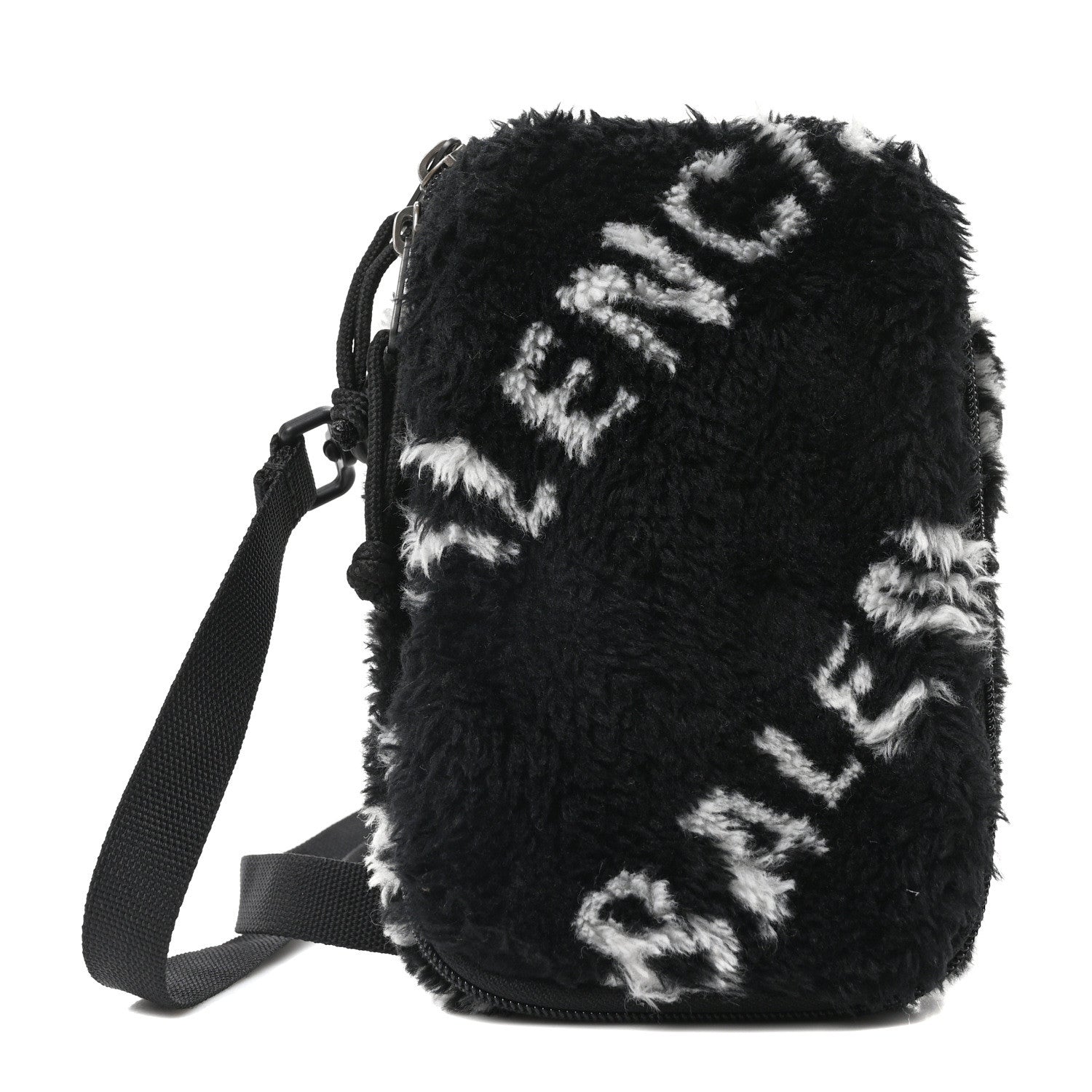 Balenciaga Faux Fur Diagonal Logo Explorer Crossbody Pouch  Black White