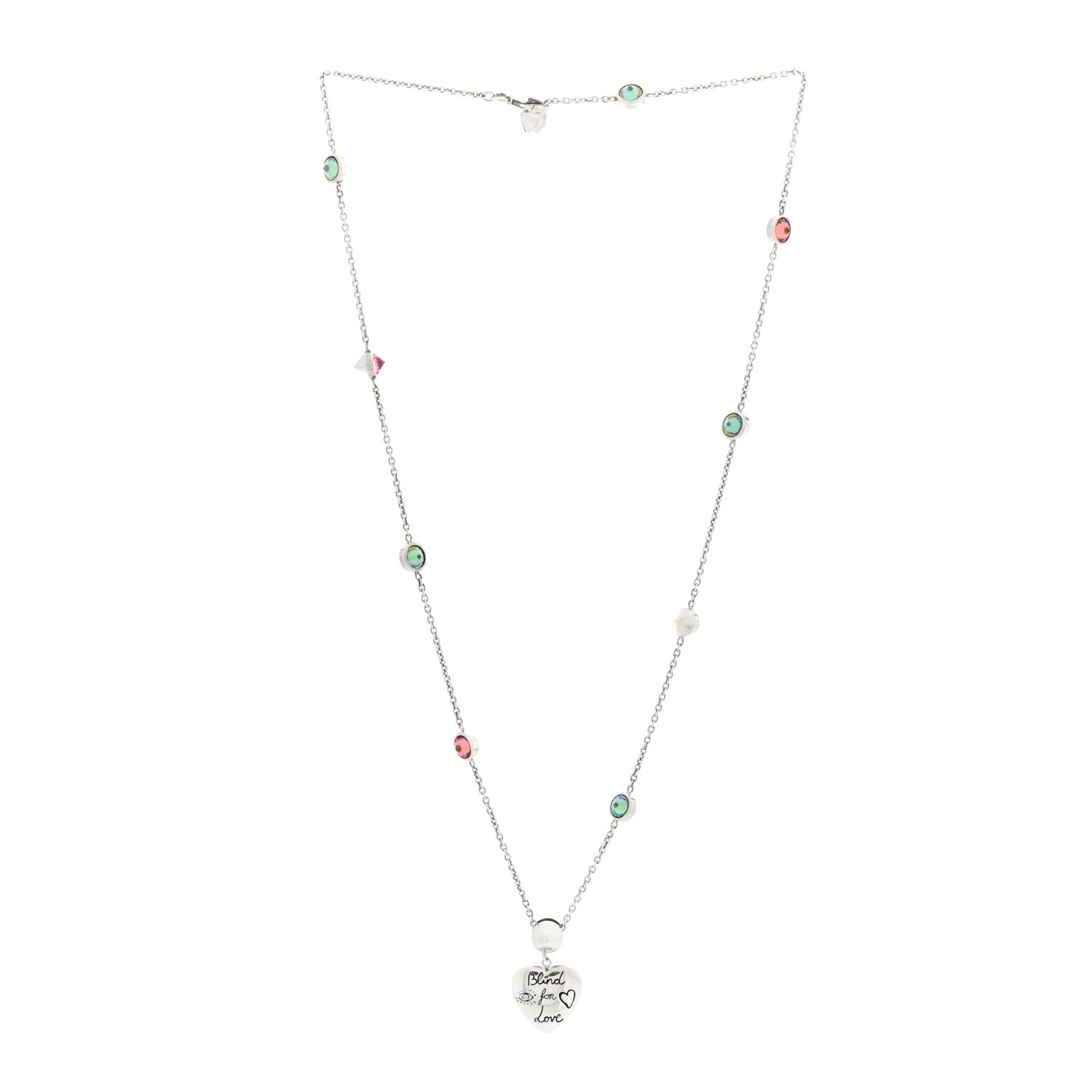 Gucci Sterling Silver Cubic Zirconia Blind For Love Pendant Necklace Pink Blue