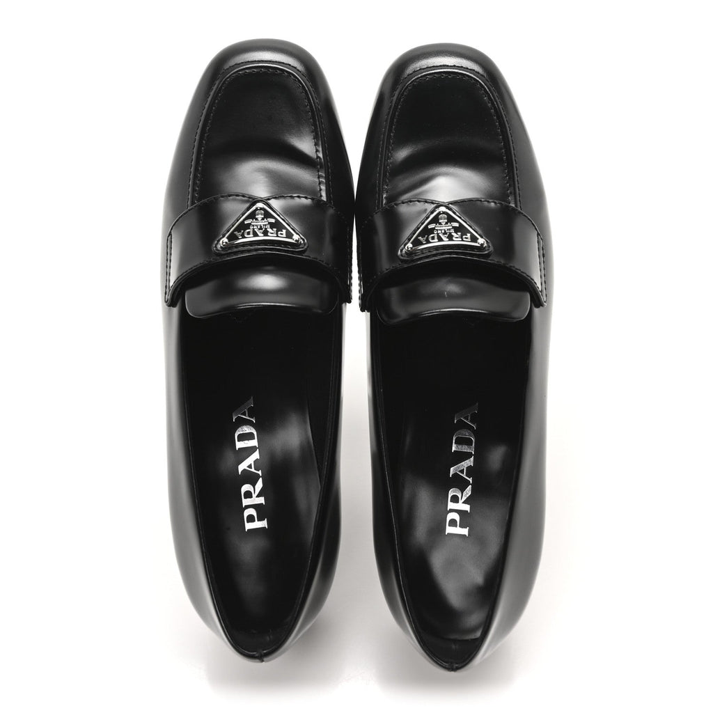 Prada Brushed Calfskin Metal Triangle Logo 20mm Loafers 36.5 Black