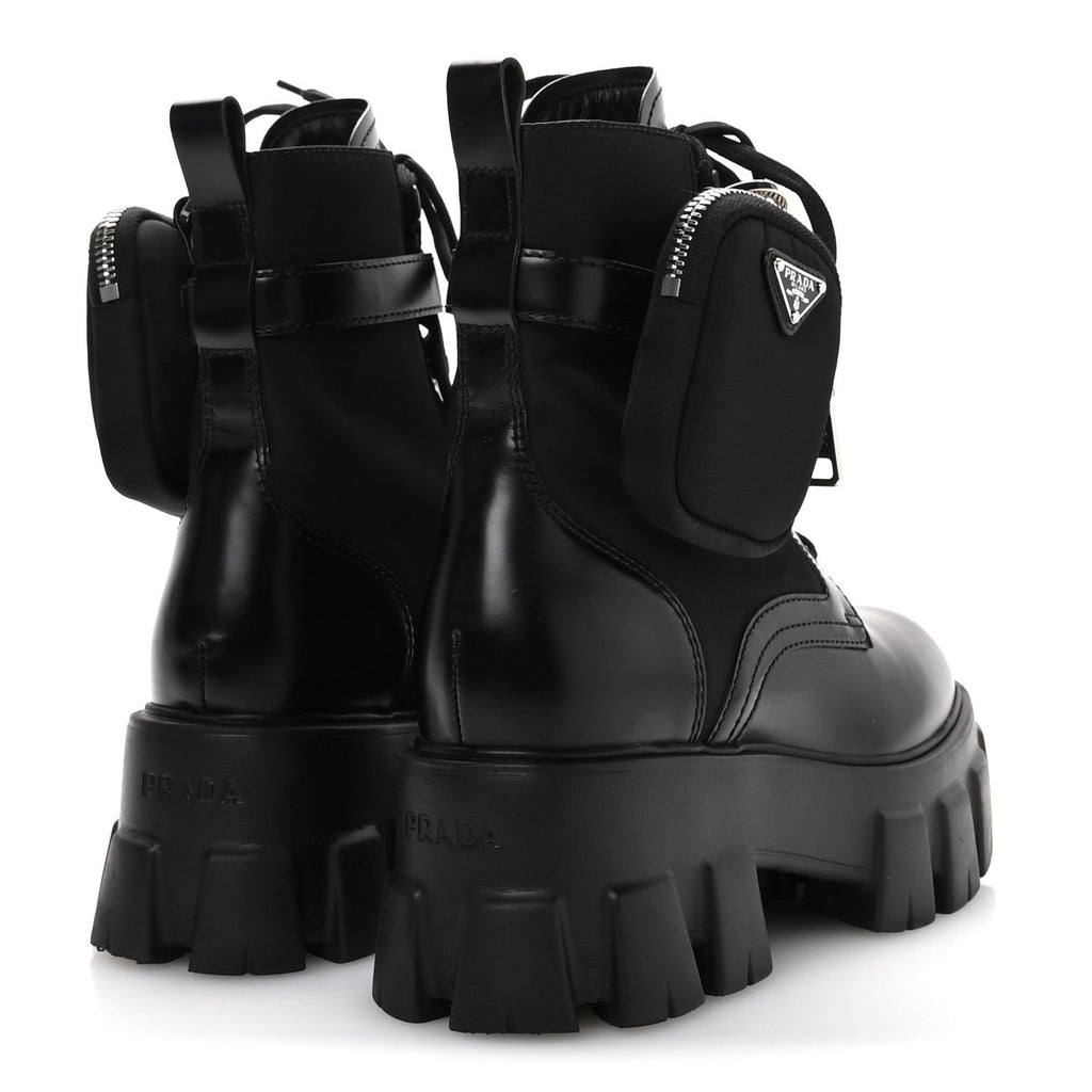 Prada Spazzolato Rois Re-Nylon Metal Triangle Logo Monolith Pouch Pocket 55mm Boots 35.5 Black