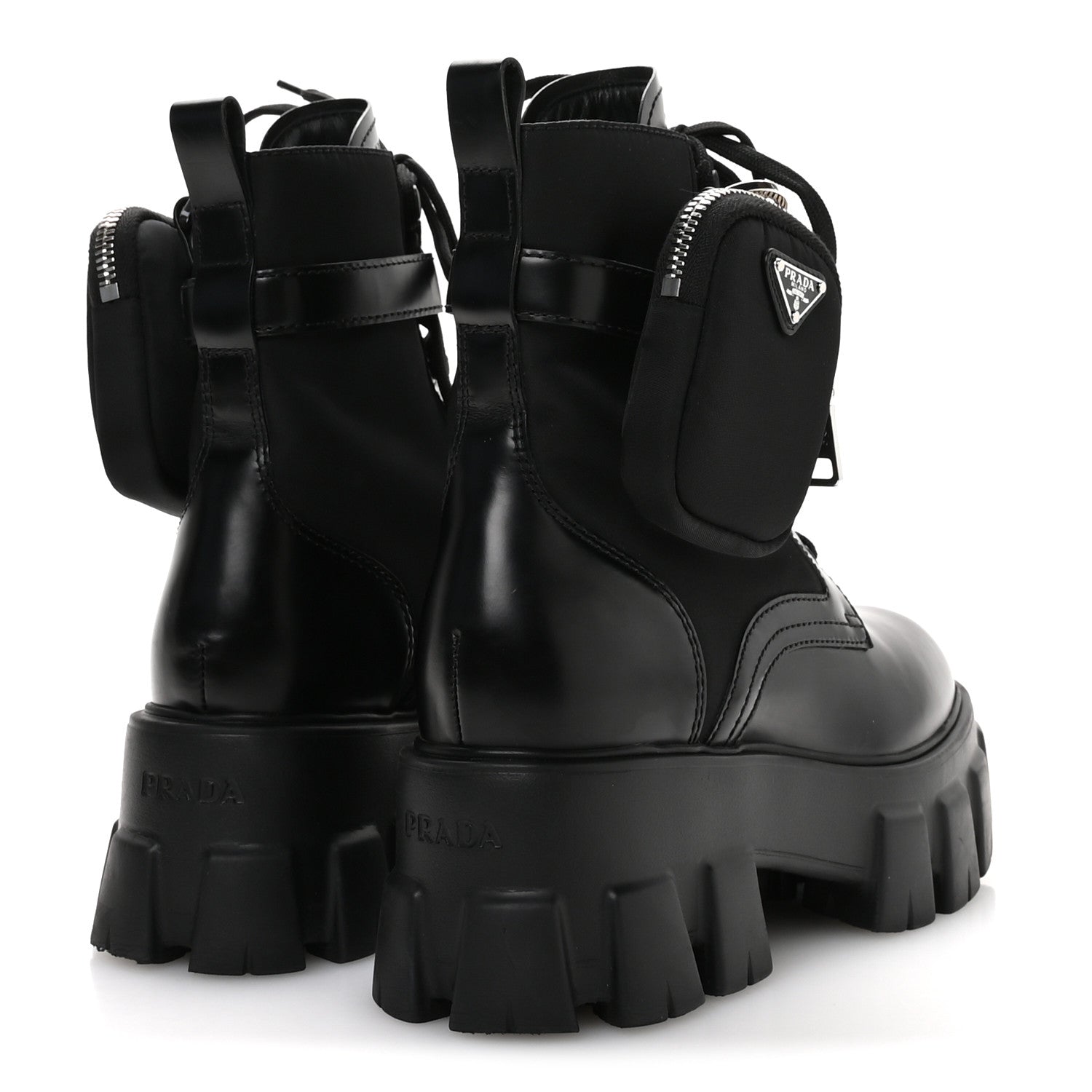 Prada Spazzolato Rois Re-Nylon Metal Triangle Logo Monolith Pouch Pocket 55mm Boots 35.5 Black