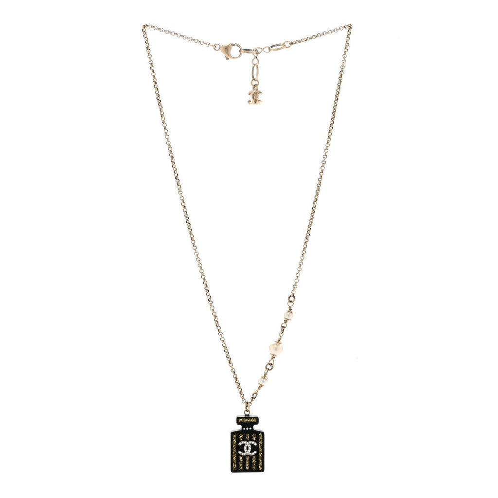 Chanel Resin Strass Pearl Perfume Bottle CC Necklace Black Gold