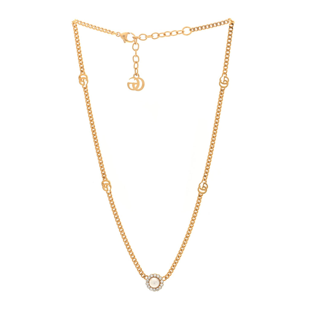 Gucci Crystal Pearl Double G Marmont Flower Necklace Gold