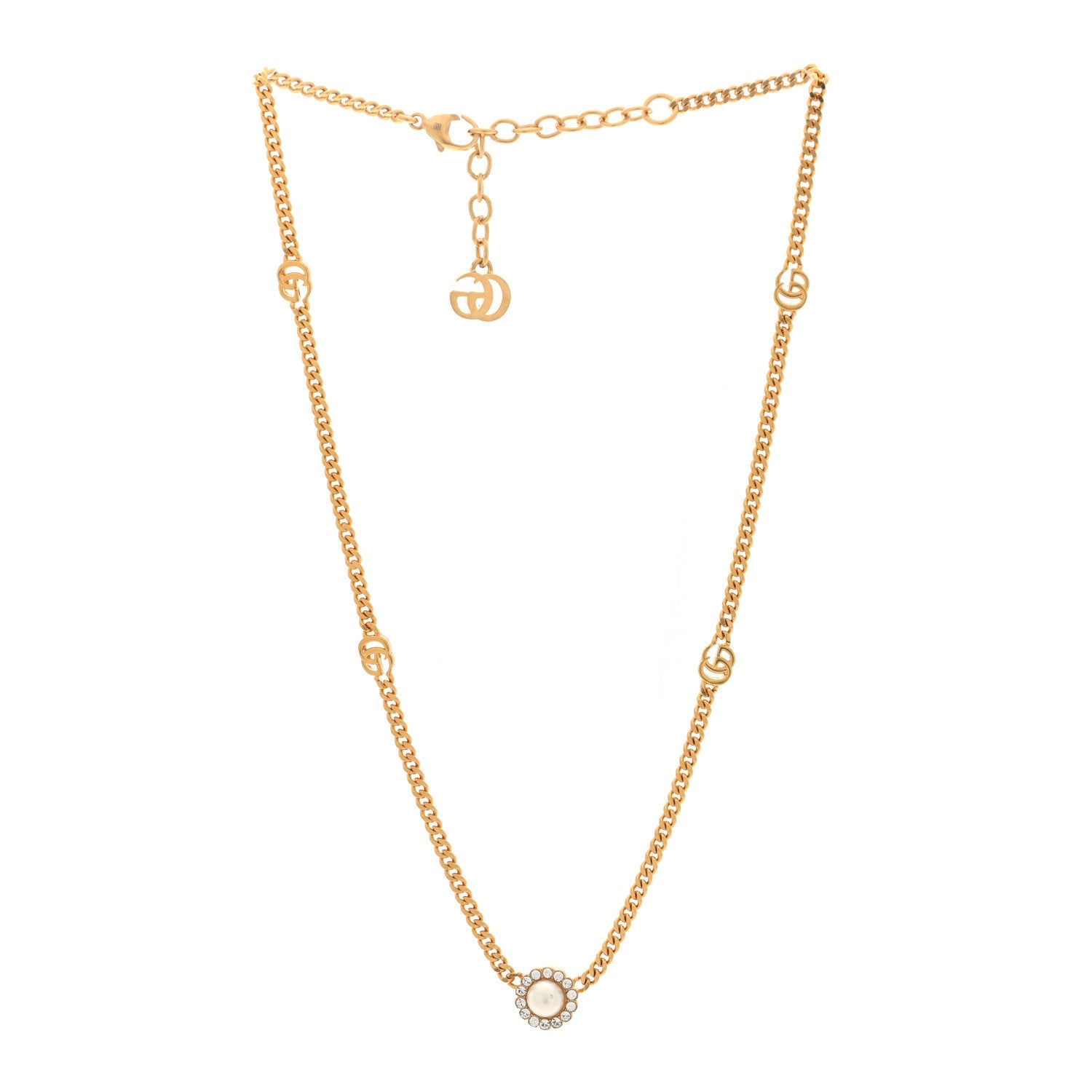 Gucci Crystal Pearl Double G Marmont Flower Necklace Gold