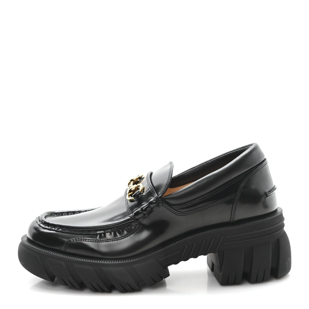 Gucci Magnum Calfskin Nappa Samoa Womens Horsebit Platform Chunky Lug Sole 40mm Loafers 41 Black