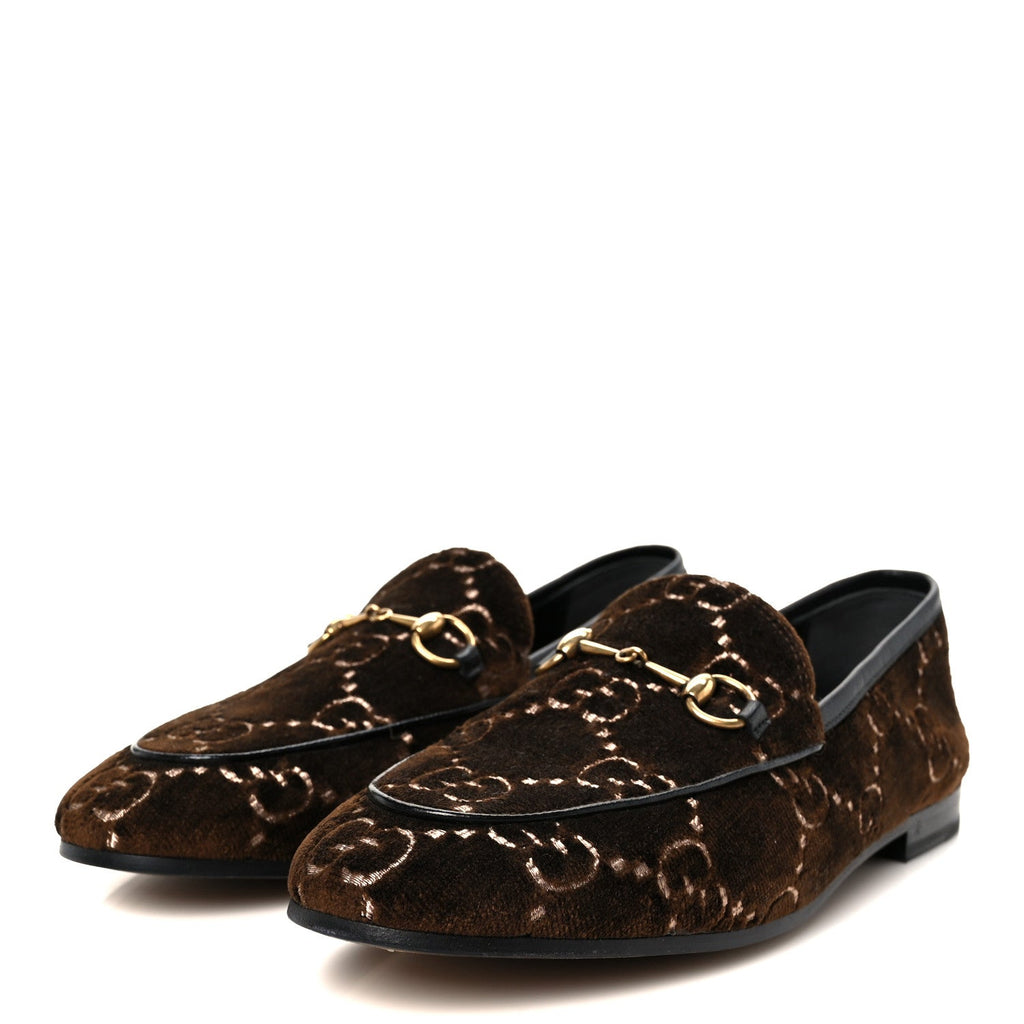 Gucci Velvet GG Monogram Horsebit Womens Jordaan Loafers 40 Brown Black