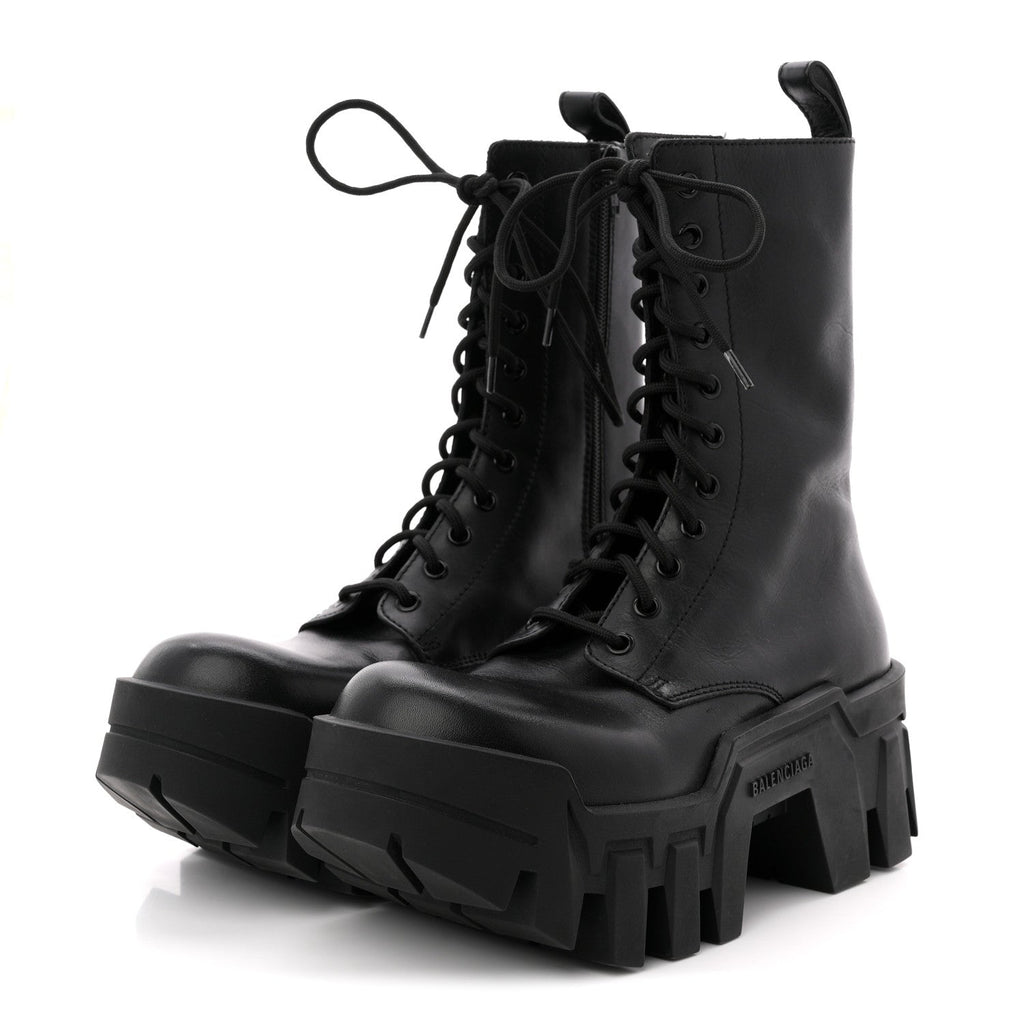 Balenciaga Calfskin Womens Bulldozer Lace Up Boots 37 Black