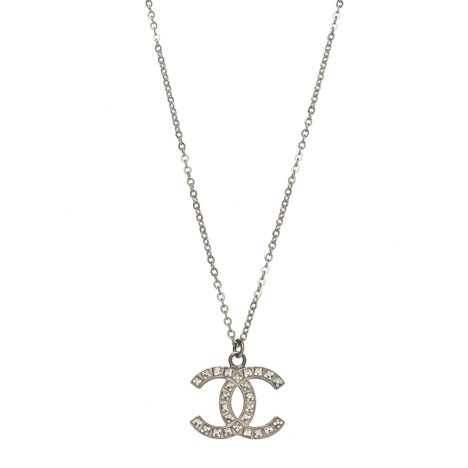 Chanel Baguette Crystal CC Necklace Silver