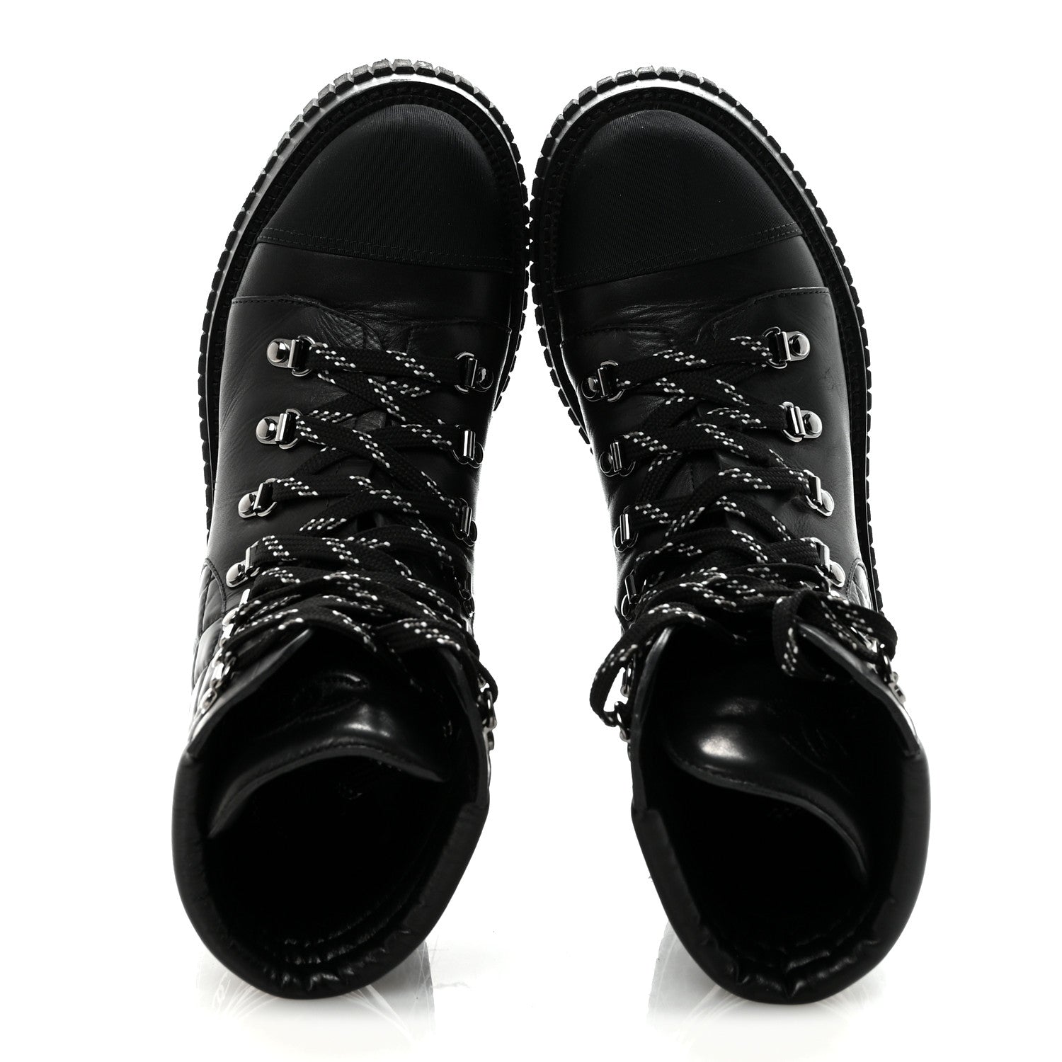 Chanel Calfskin Grosgrain Quilted Lace Up Boots 38.5 Black Grey