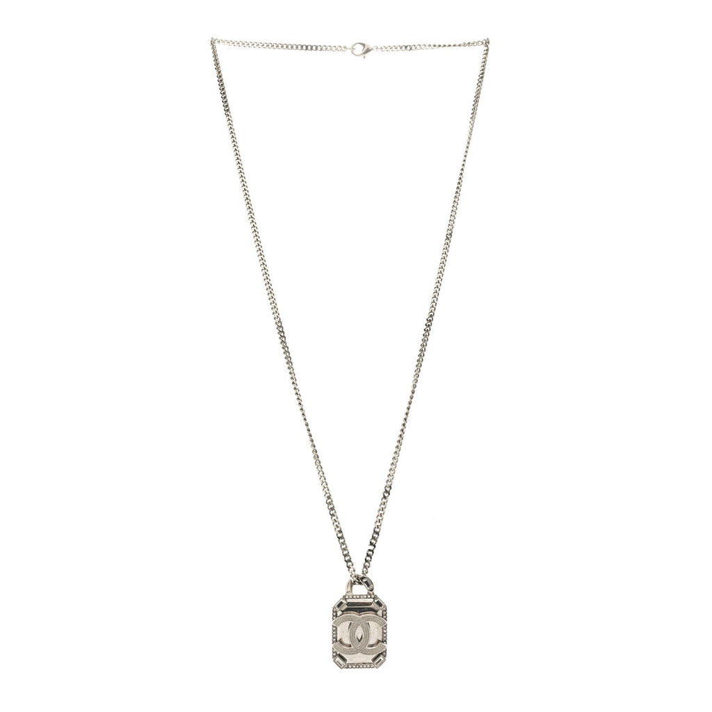 Chanel Crystal Baguette CC Mirror Pendant Necklace Silver