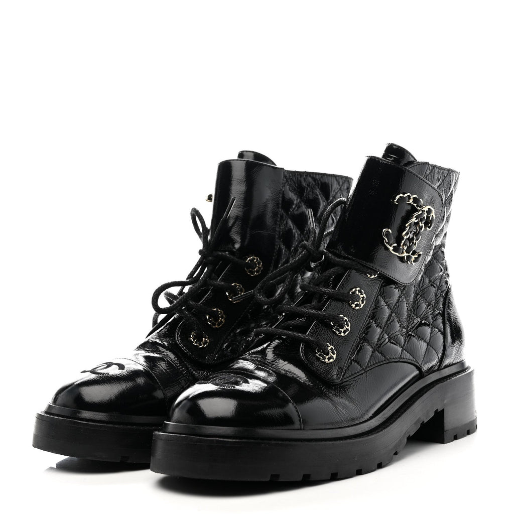 Chanel Shiny Lambskin Quilted Lace Up Combat Boots 38.5 Black