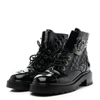 Chanel Shiny Lambskin Quilted Lace Up Combat Boots 38.5 Black