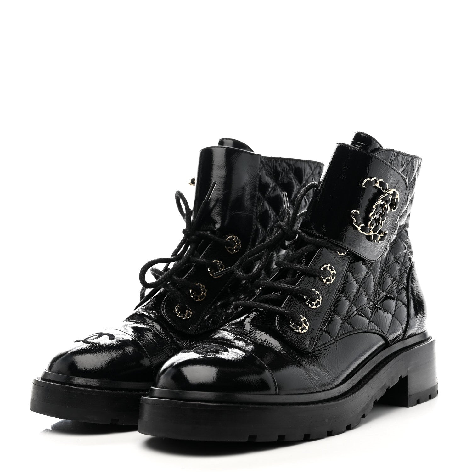 Chanel Shiny Lambskin Quilted Lace Up Combat Boots 38.5 Black