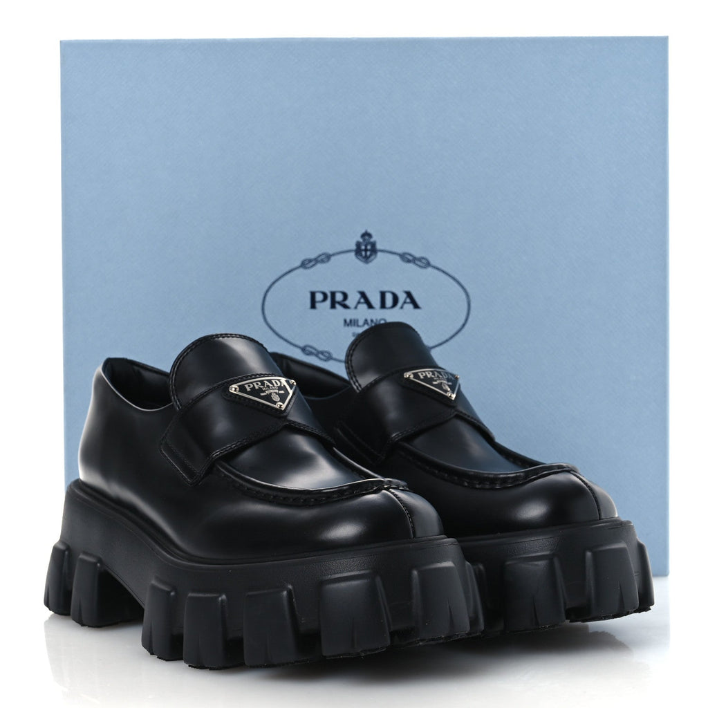 Prada Spazzolato Rois Metal Triangle Logo Monolith 55mm Loafers 39 Black
