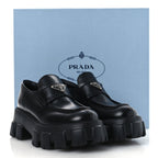 Prada Spazzolato Rois Metal Triangle Logo Monolith 55mm Loafers 39 Black