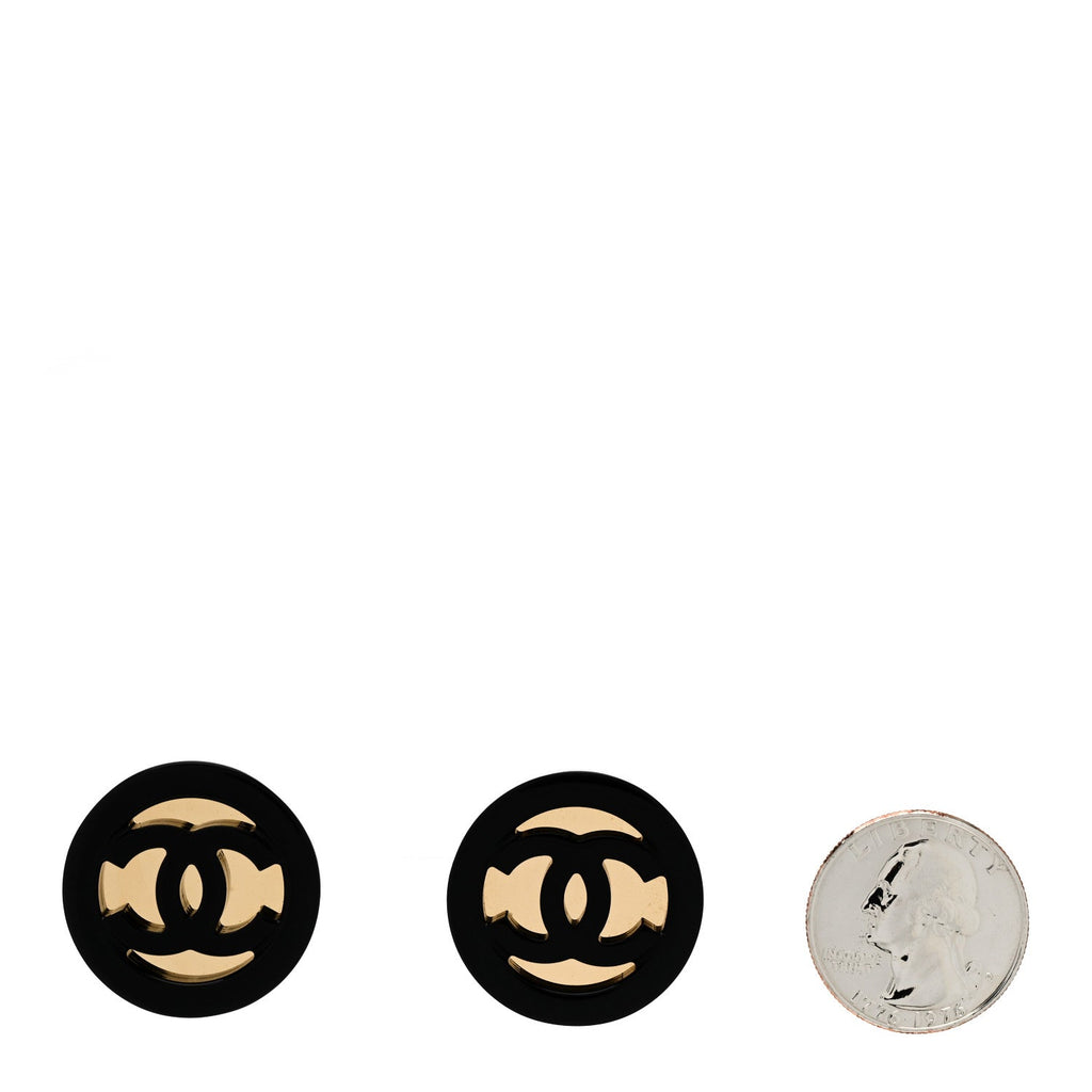 Chanel Resin CC Round Earrings Gold Black