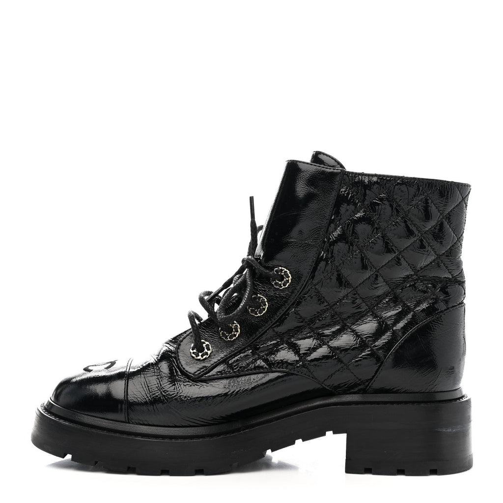 Chanel Shiny Lambskin Quilted Lace Up Combat Boots 38.5 Black