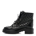 Chanel Shiny Lambskin Quilted Lace Up Combat Boots 38.5 Black